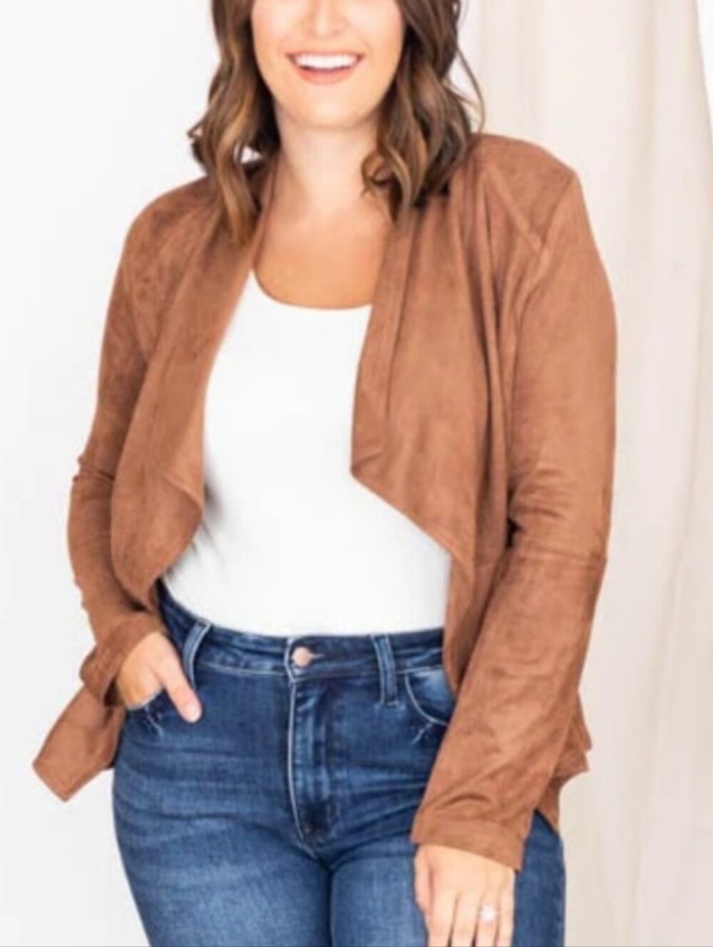 Pink Lily Brown Soft Suede Open-Front Drape Jacket